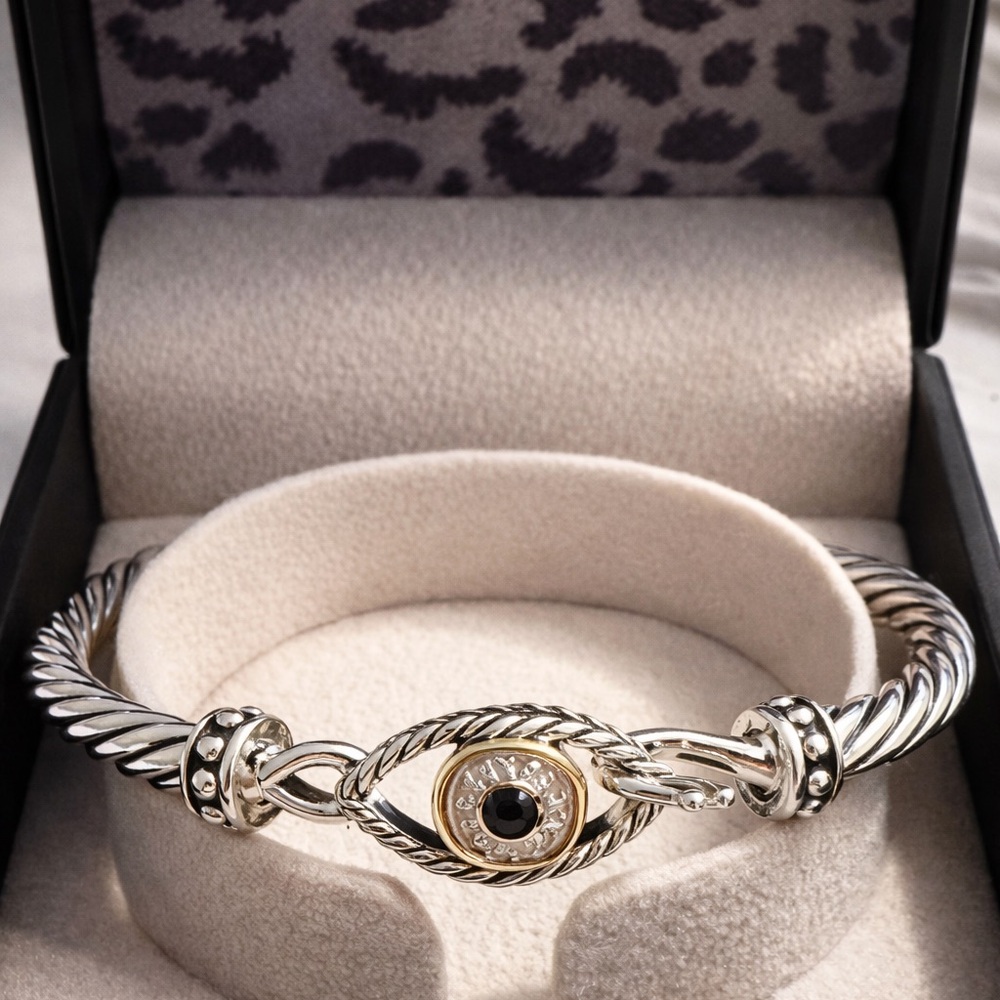Silver and Gold Rope-Design Cuff Bracelet with Black Stone Accent